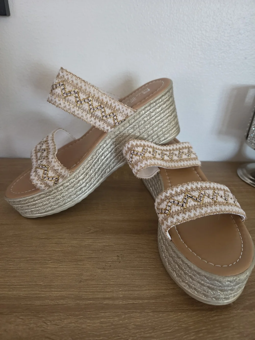 Neutral Embellished Espadrille Wedge Slides